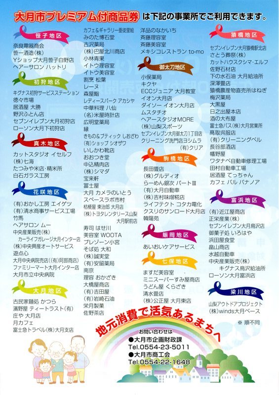 大月市プレミアム付商品券取扱店の一覧